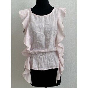 GiGi Moda Italy 100% Linen Lt Pink Sleeveless Ruffle Cinched Waist Women L Top